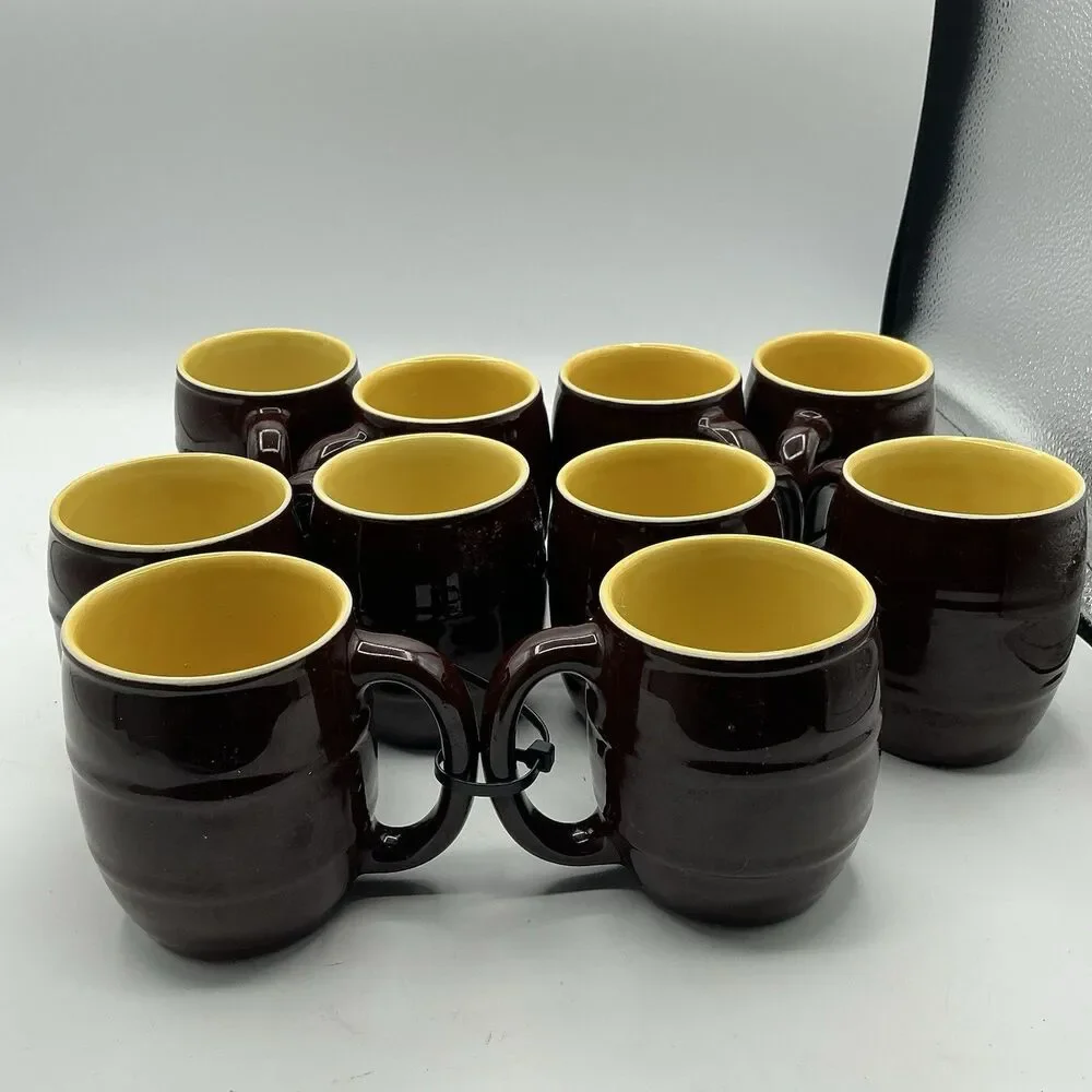 Vintage Hall China 536 Brown Mustard Yellow Tea Set 21 Pc 10 Mugs USA